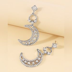 Rhinestone Moon Drop Dangle Silver Earrings-NWT